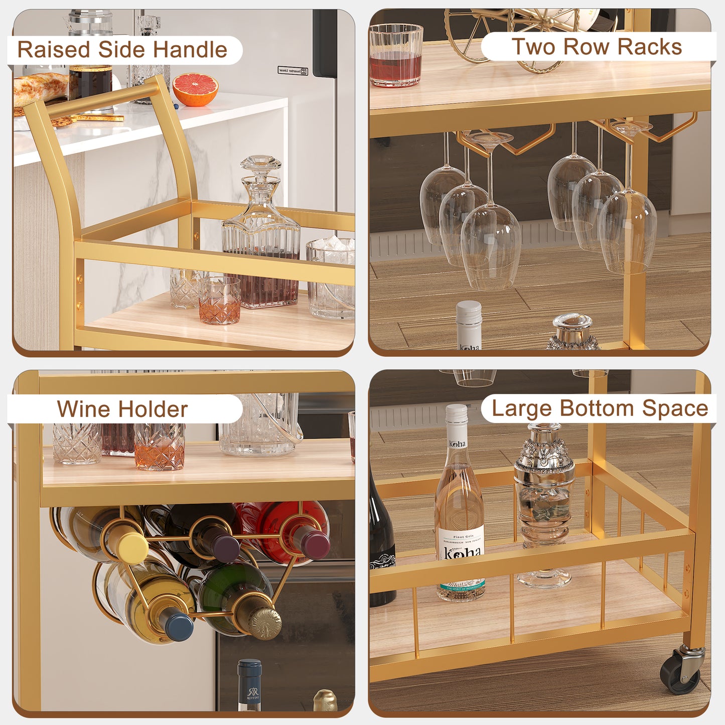 Furmax Mobile Bar Cart, Modern, Industrial, With Wine Rack, Glass Holder, and Wood Storage Shelves, Ideal for Living Room, Kitchen, Bar, Restaurants, and Parties, Golden