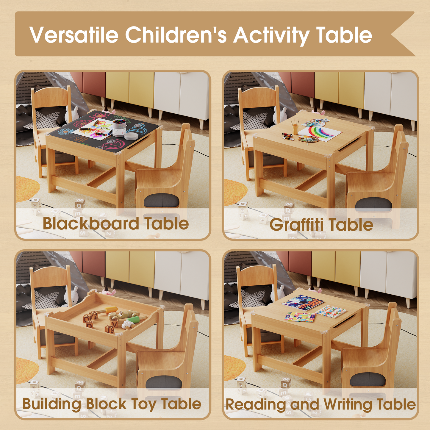 Furmax Children Table and Chair Set, 3 in 1 Wooden Activity Table and Chair Set with 2 in 1 Detachable Tabletop Table Storage Drawer for Home Nursery Playroom