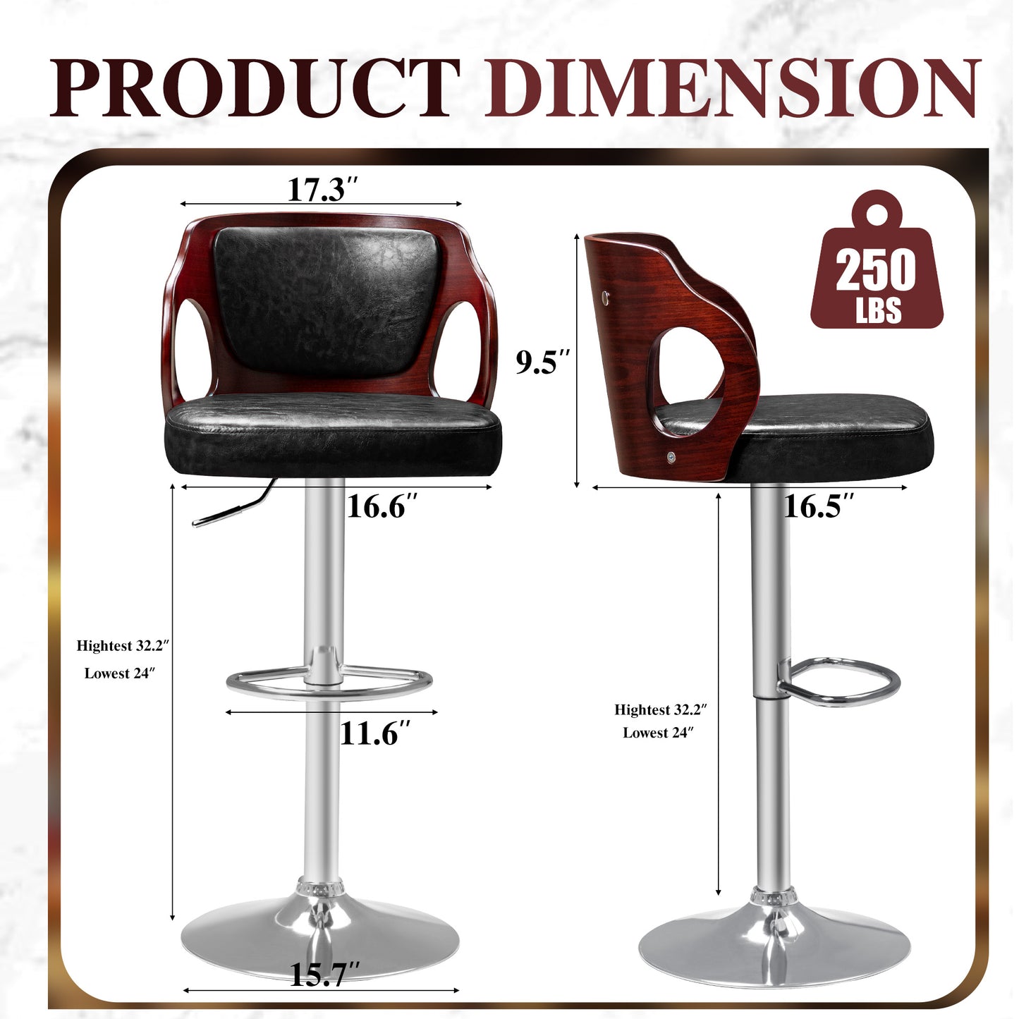 Furmax Bar stools PU Leather Modern Double Material Armless Chairs with Footrest Adjustable Barstool with Back for Kitchen Living Room Pub