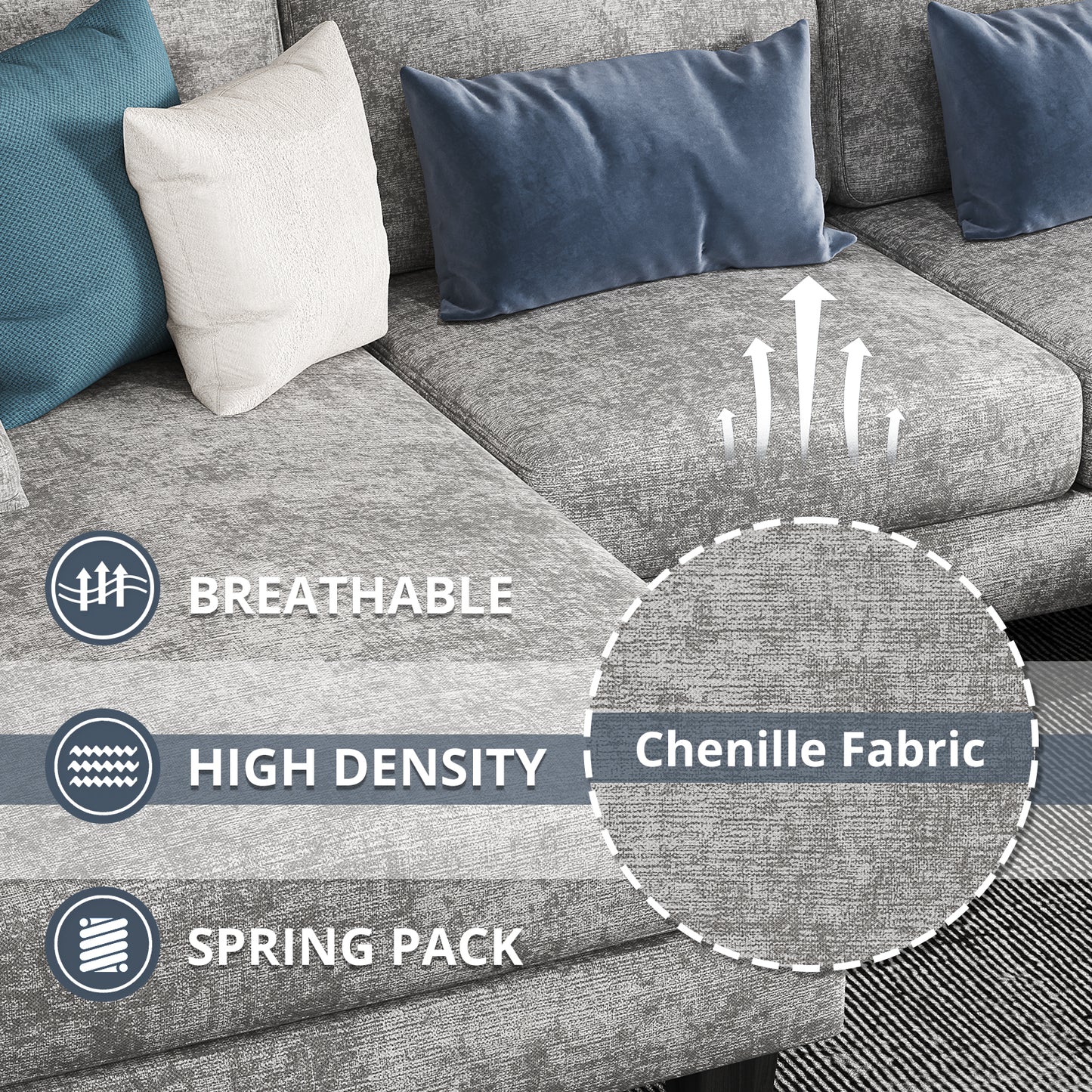 Furmax U-Shaped Sectional Sofa with Chaise, 4 Seats Chenille Fabric Sofa for Living room