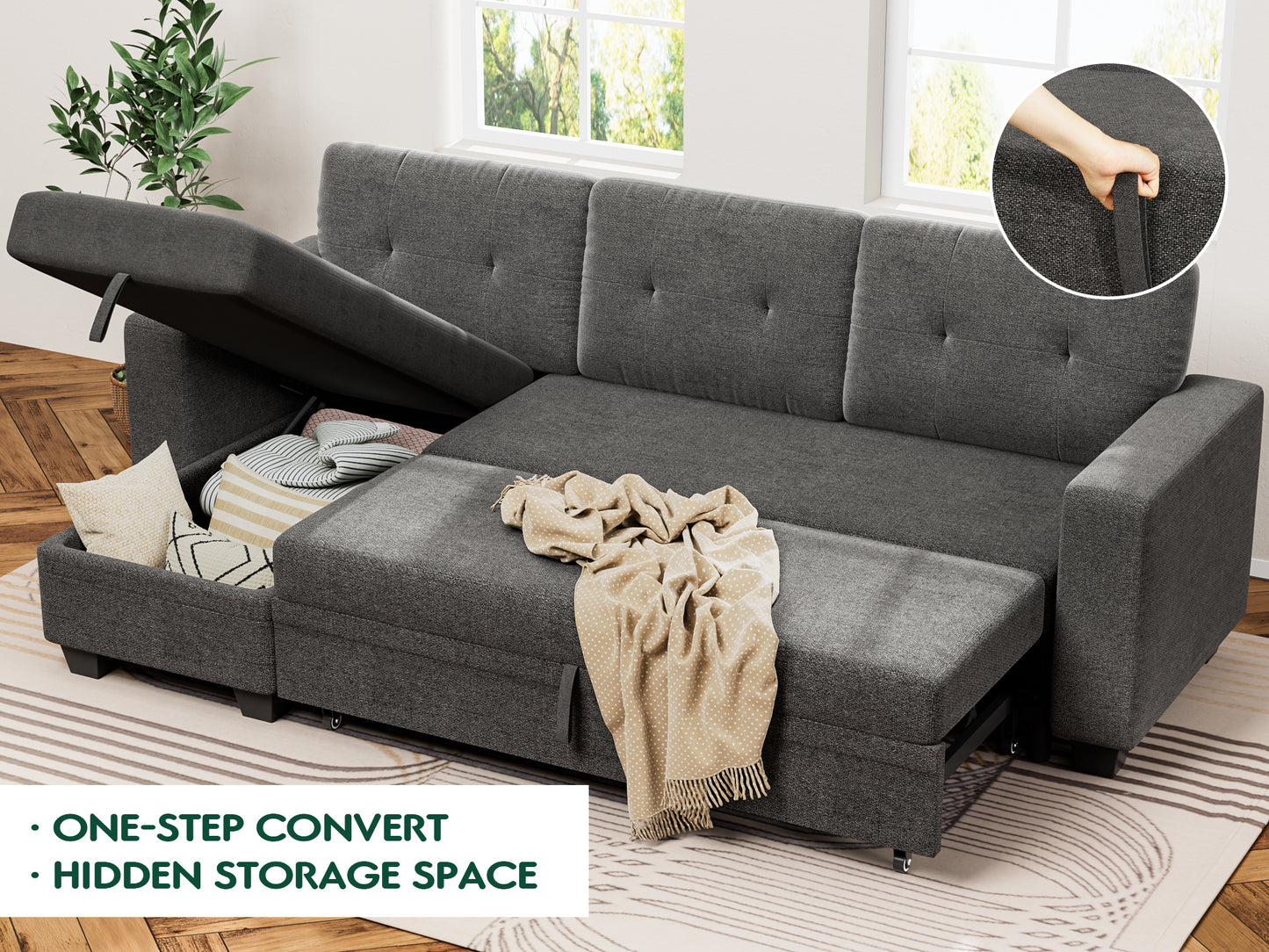 Furmax Convertible L-Shape Sofa with Storage Chaise and Pull-out Sofa Bed, Fabric Sectional Couch , Gray