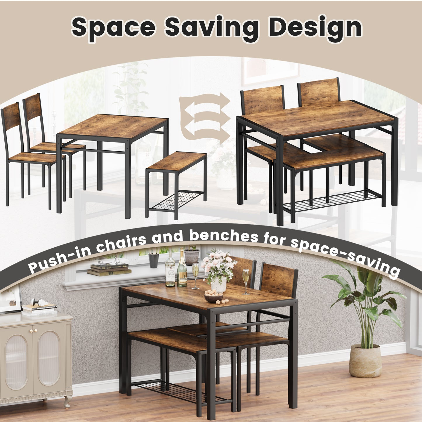 Furmax Modern Dining Table and Chair Set for 4 with Bench Indoor Outdoor Kitchen Living Room Furniture Garden Desk Set Wood Metal Waterproof Desk Chair Set