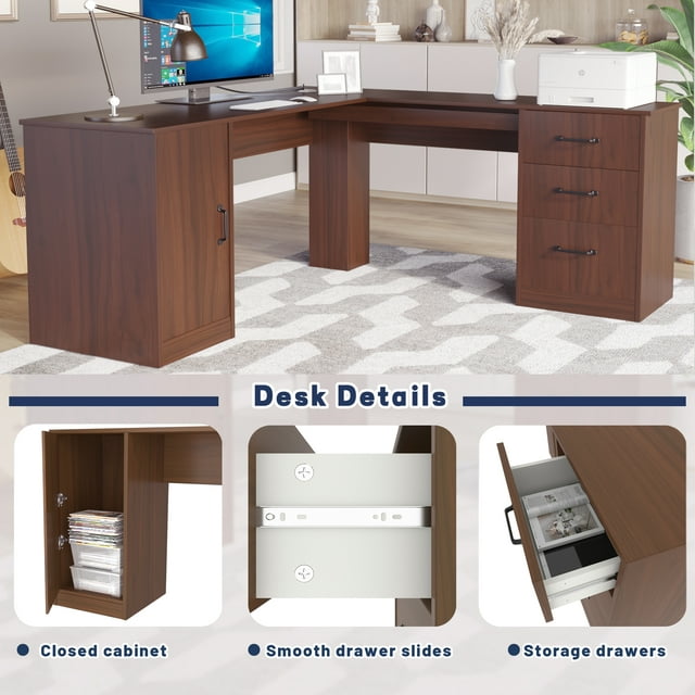Furmax L Shaped Desk Corner Office Desk Computer Desk with Storage Cabinet & Drawers