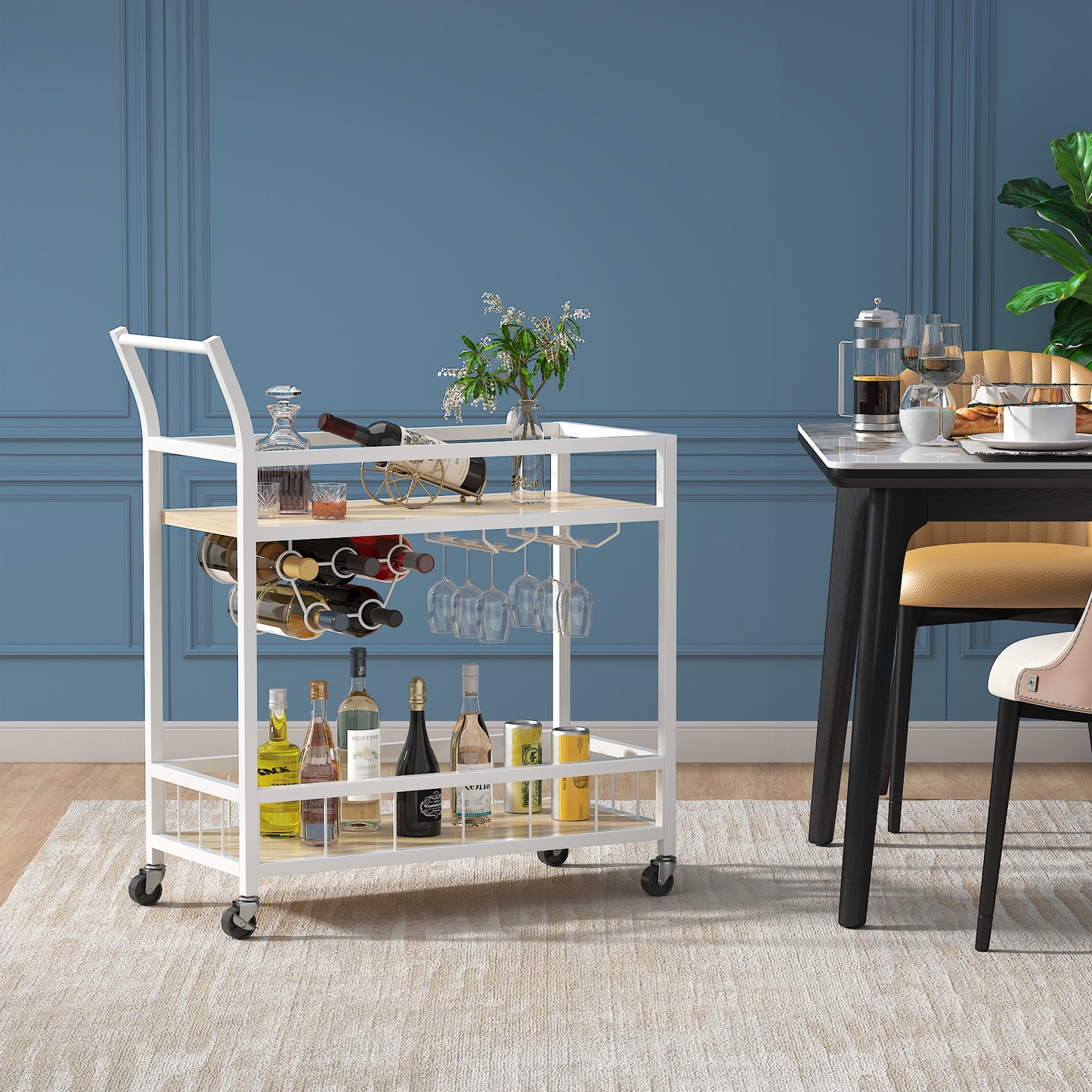 Furmax Mobile Bar Cart, Modern, Industrial, With Wine Rack, Glass Holder, and Wood Storage Shelves, Ideal for Living Room, Kitchen, Bar, Restaurants, and Parties, Golden