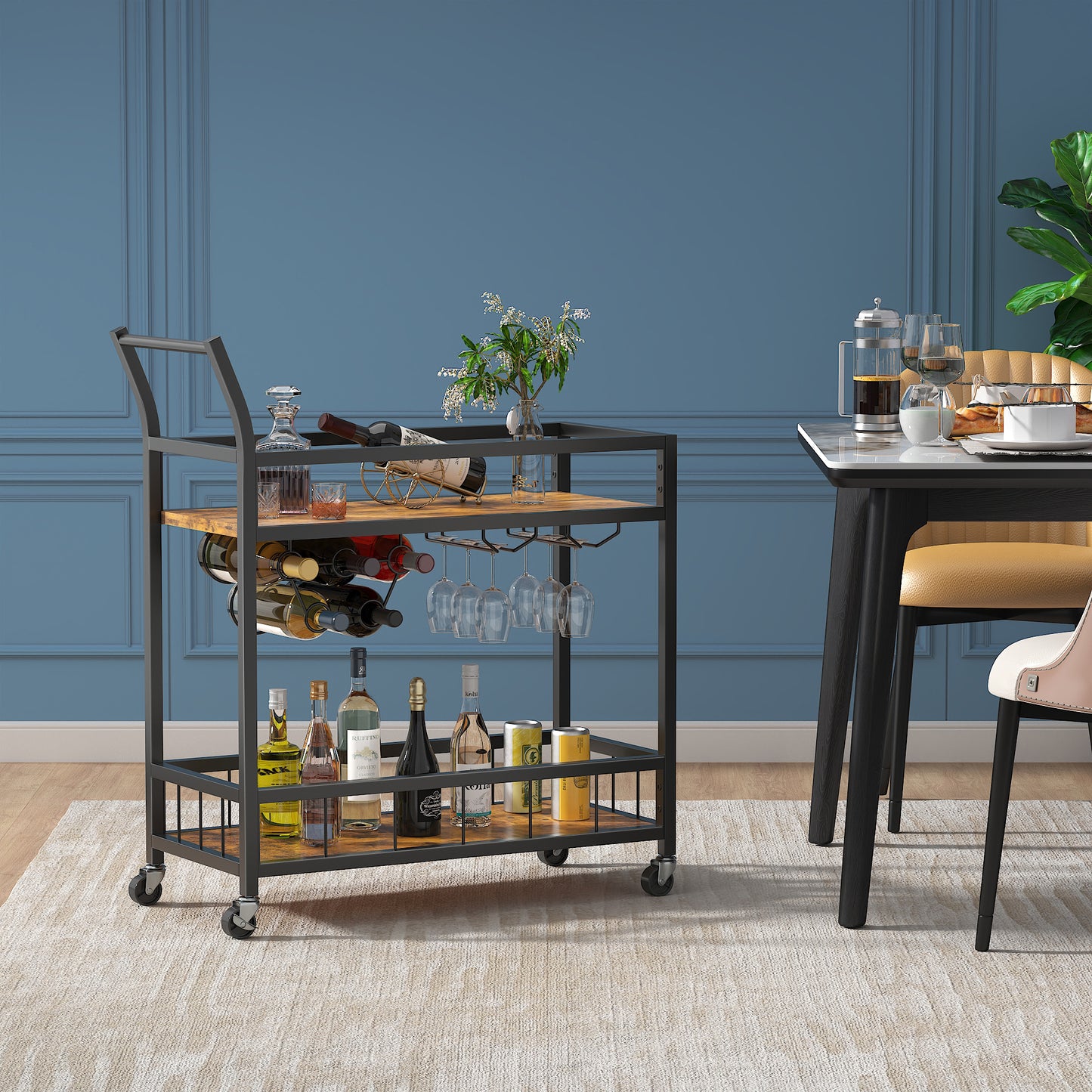 Furmax Mobile Bar Cart, Modern, Industrial, With Wine Rack, Glass Holder, and Wood Storage Shelves, Ideal for Living Room, Kitchen, Bar, Restaurants, and Parties, Golden