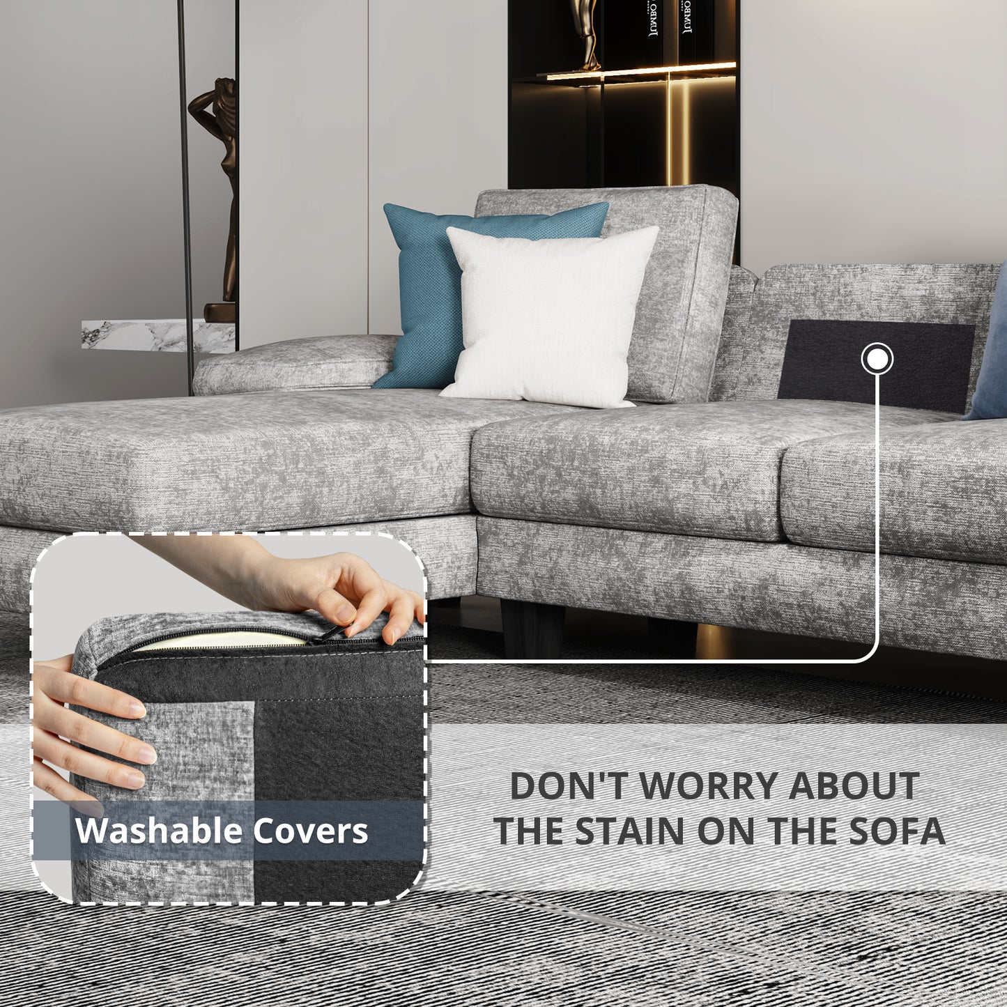 Furmax U-Shaped Sectional Sofa with Chaise, 4 Seats Chenille Fabric Sofa for Living room