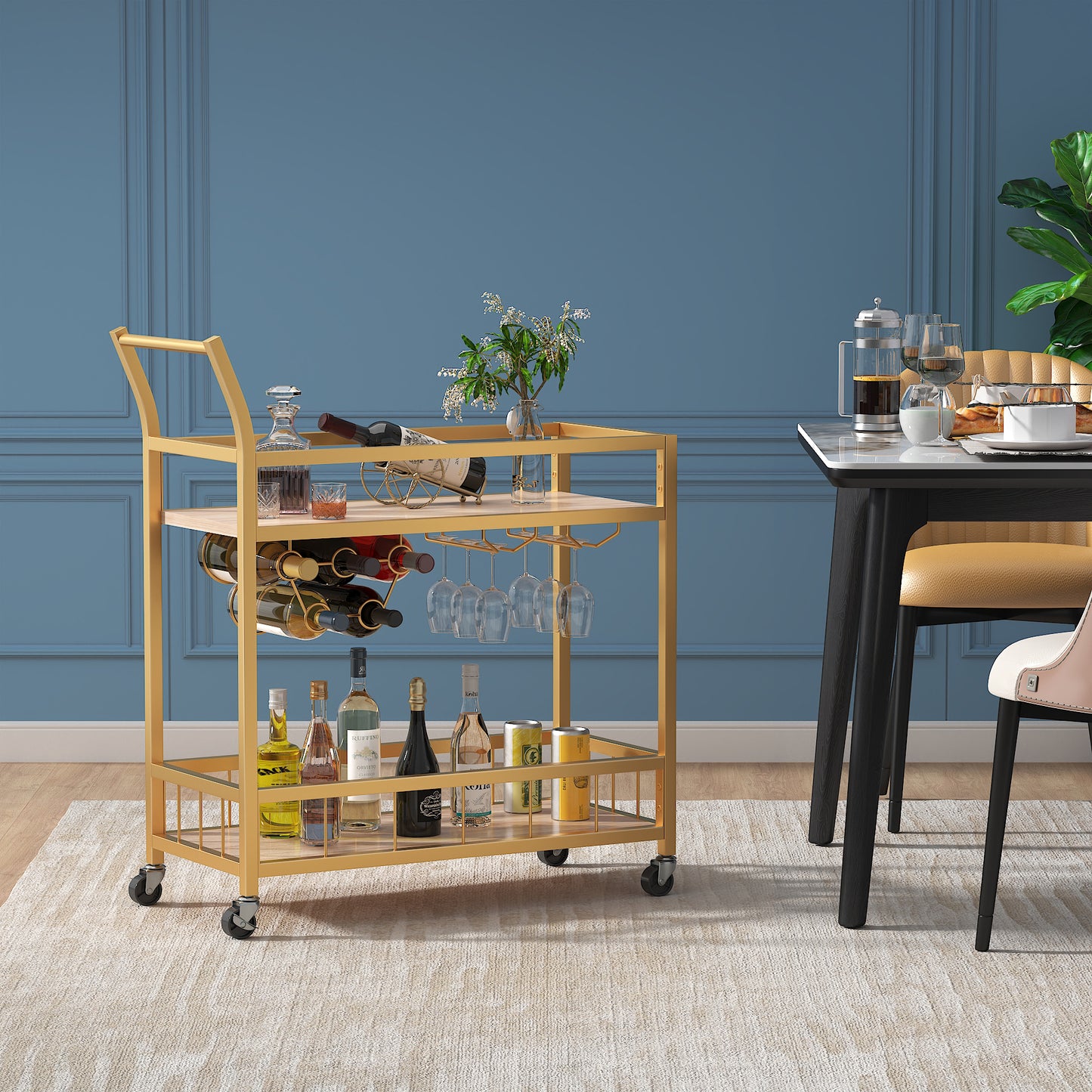 Furmax Mobile Bar Cart, Modern, Industrial, With Wine Rack, Glass Holder, and Wood Storage Shelves, Ideal for Living Room, Kitchen, Bar, Restaurants, and Parties, Golden