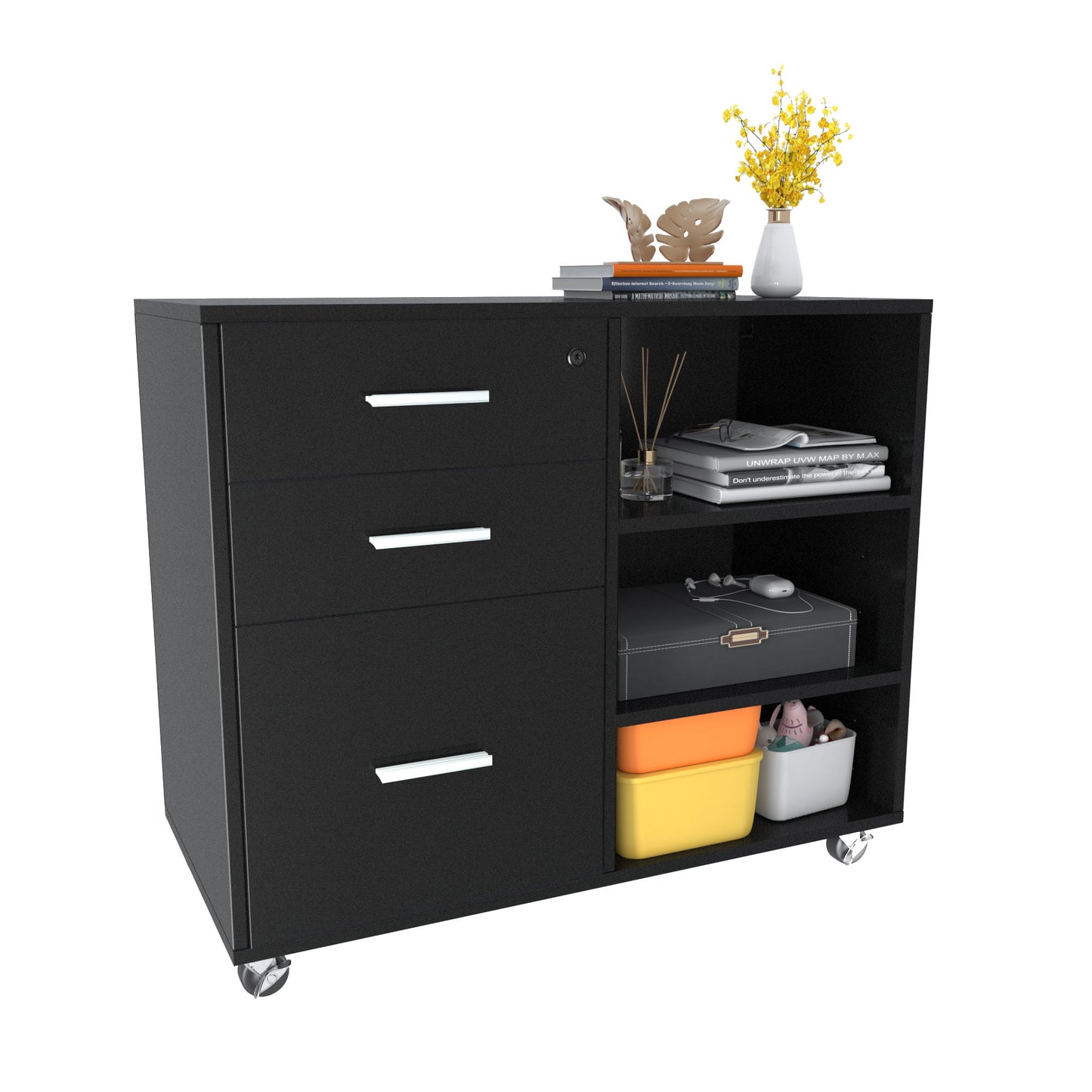 Furmax 3 Drawer Wood File Cabinet, Mobile Lateral Filing Cabinet, Printer Stand with Open Storage Shelves for Home Office, Black