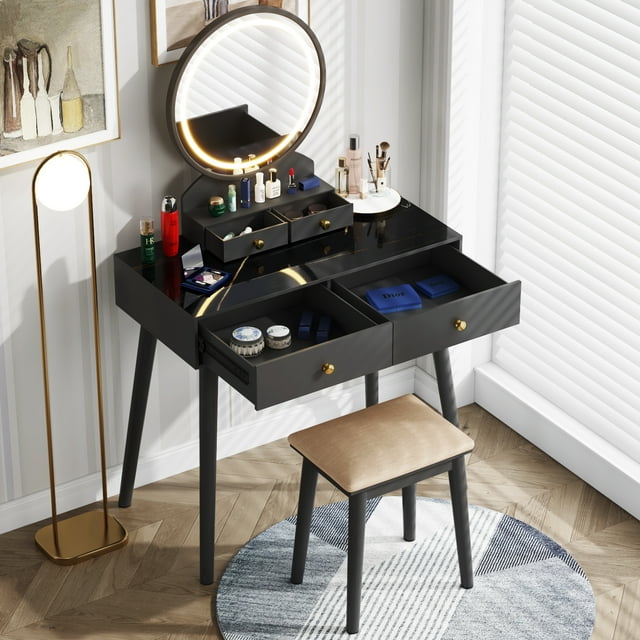 Furmax Vanity Table with Lighted Mirror, Vanity Desk with Stool, Dressing Table with 4 Drawers, Makeup Vanity Set