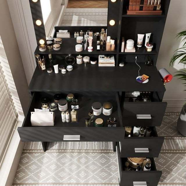 Furmax Vanity Desk with Lights and Mirror Makeup Vanity Table Set with Drawer and Power Outlet