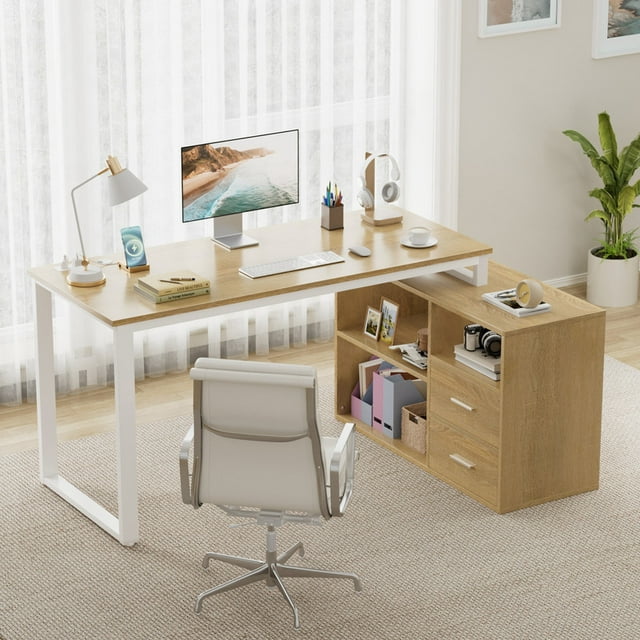 Furmax 55 Inch L-Shaped Corner Computer Desk with File Cabinet, Power Outlet, Home Office Desk with 2 Drawers and 3 Storage Shelve, Workstation Executive Desk with Storage Shelf for Home Office