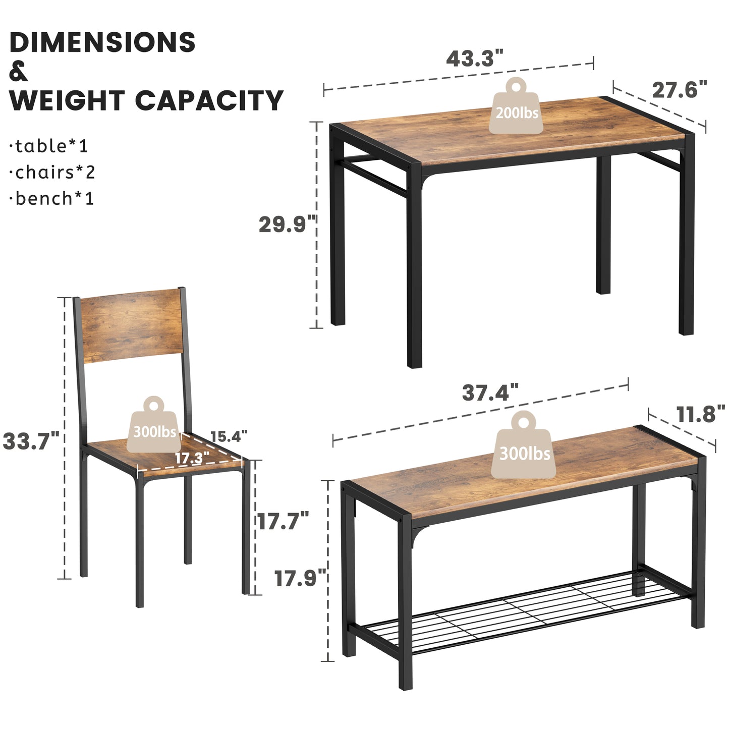 Furmax Modern Dining Table and Chair Set for 4 with Bench Indoor Outdoor Kitchen Living Room Furniture Garden Desk Set Wood Metal Waterproof Desk Chair Set