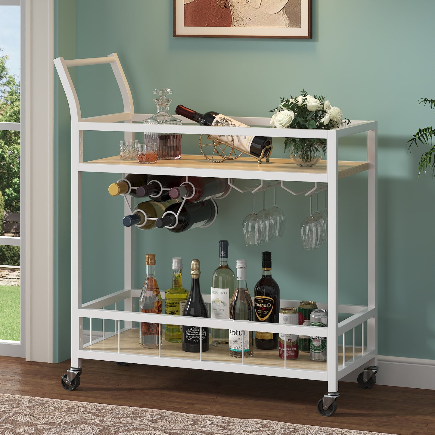Furmax Mobile Bar Cart, Modern, Industrial, With Wine Rack, Glass Holder, and Wood Storage Shelves, Ideal for Living Room, Kitchen, Bar, Restaurants, and Parties, Golden