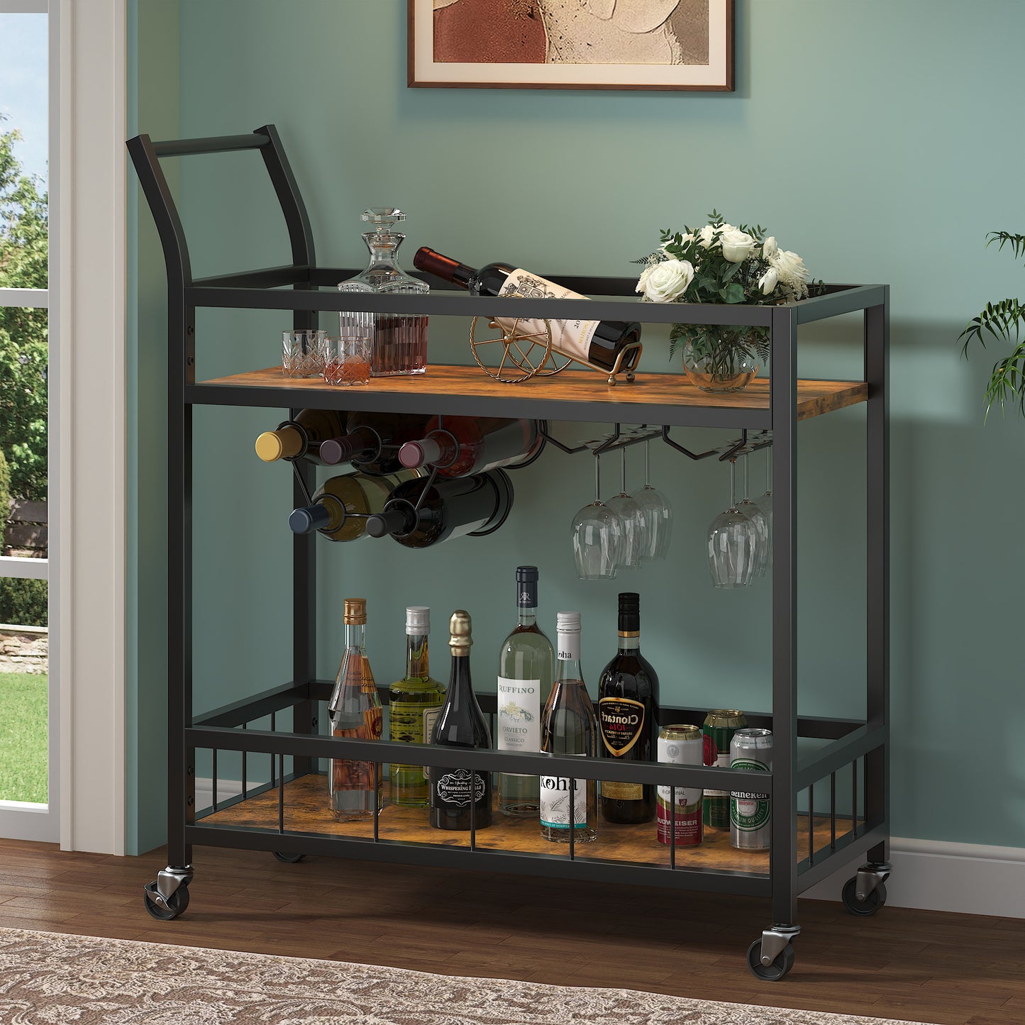 Furmax Mobile Bar Cart, Modern, Industrial, With Wine Rack, Glass Holder, and Wood Storage Shelves, Ideal for Living Room, Kitchen, Bar, Restaurants, and Parties, Golden