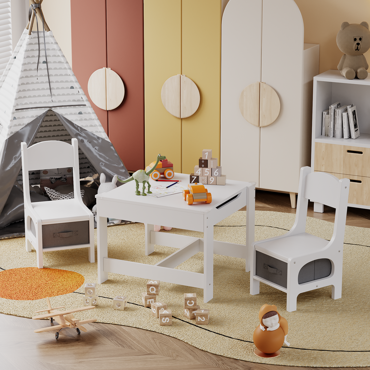 Furmax Children Table and Chair Set, 3 in 1 Wooden Activity Table and Chair Set with 2 in 1 Detachable Tabletop Table Storage Drawer for Home Nursery Playroom