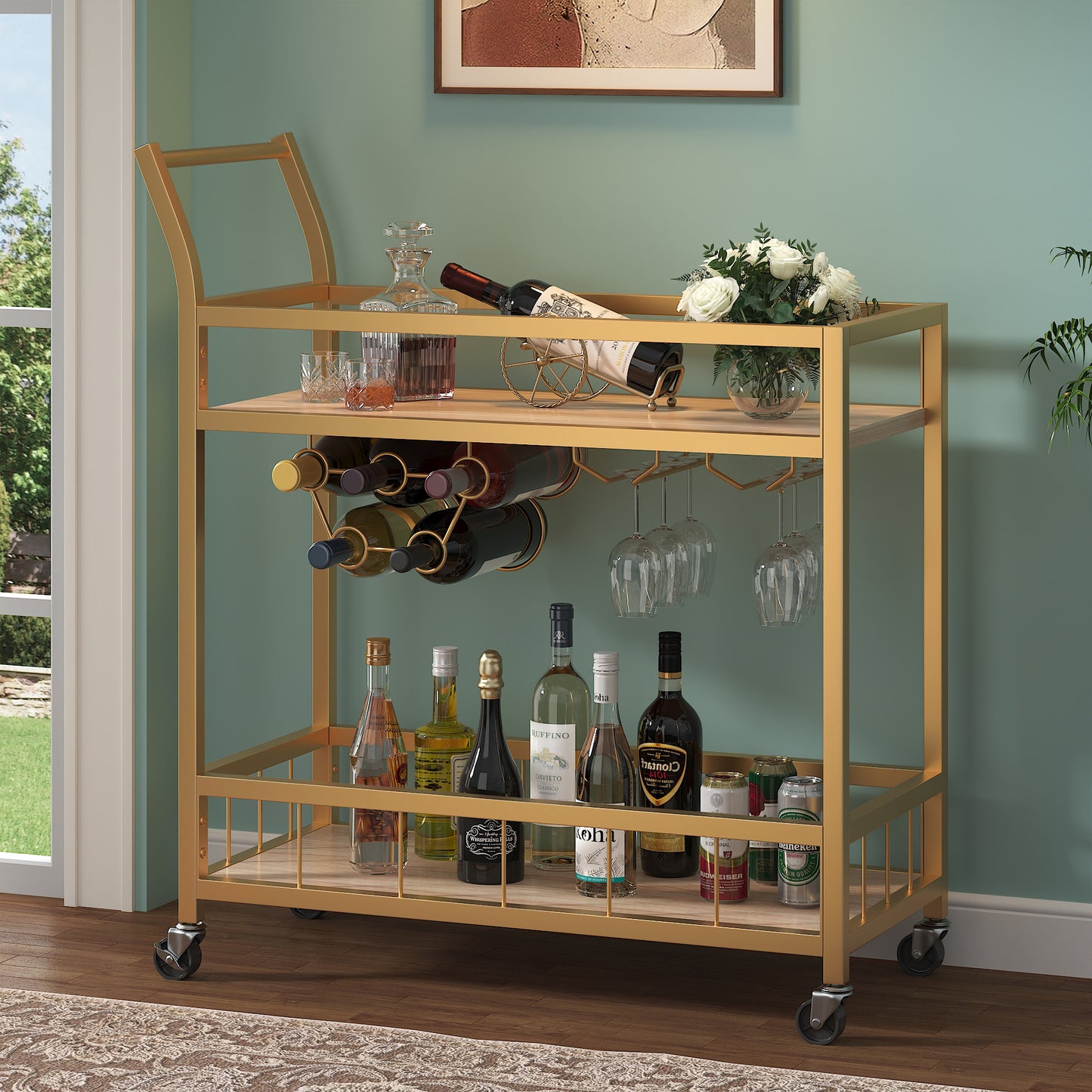 Furmax Mobile Bar Cart, Modern, Industrial, With Wine Rack, Glass Holder, and Wood Storage Shelves, Ideal for Living Room, Kitchen, Bar, Restaurants, and Parties, Golden