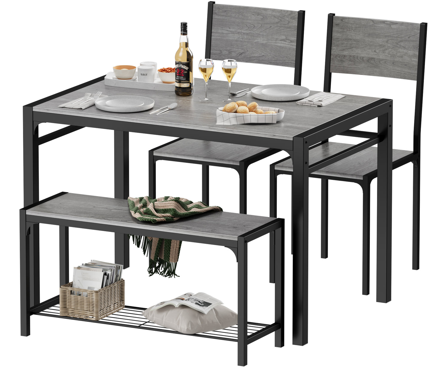 Furmax Modern Dining Table and Chair Set for 4 with Bench Indoor Outdoor Kitchen Living Room Furniture Garden Desk Set Wood Metal Waterproof Desk Chair Set