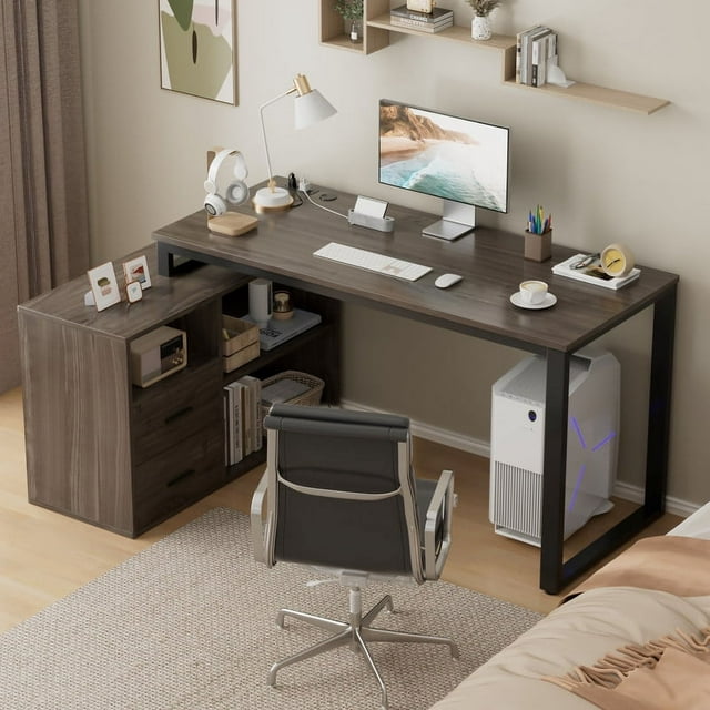Furmax 55 Inch L-Shaped Corner Computer Desk with File Cabinet, Power Outlet, Home Office Desk with 2 Drawers and 3 Storage Shelve, Workstation Executive Desk with Storage Shelf for Home Office