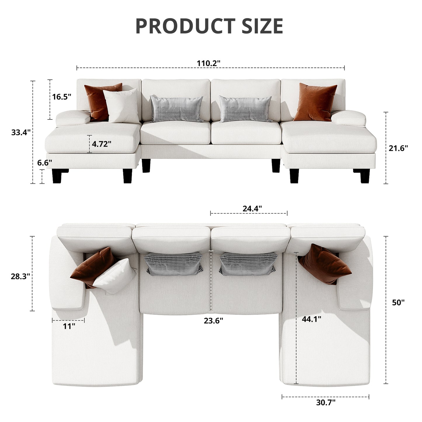Furmax U-Shaped Sectional Sofa with Chaise, 4 Seats Chenille Fabric Sofa for Living room