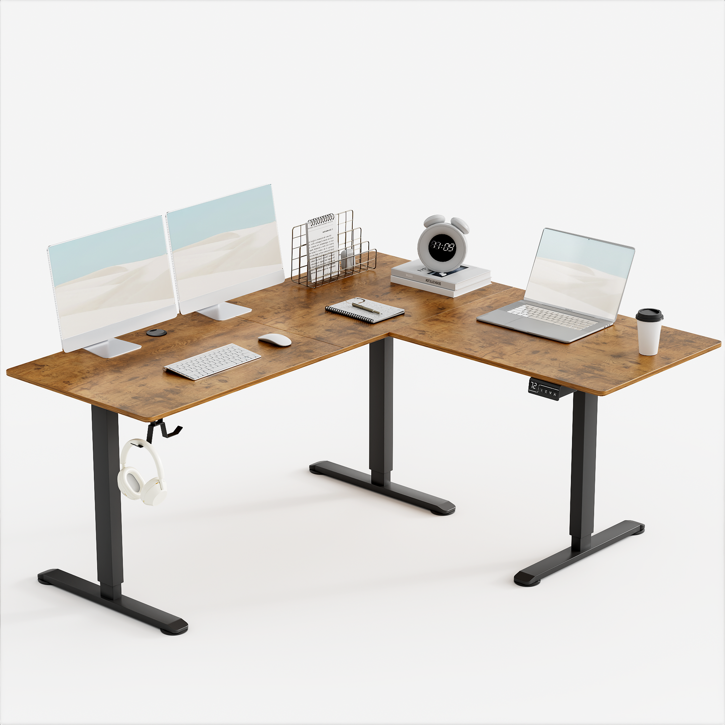 Furmax L-shaped Electric Sit-Stand Desk 63in Wide Electric Stand Up Height Adjustable Lifting Range 28~46in Computer Workstation Standing Desk Height Adjustable
