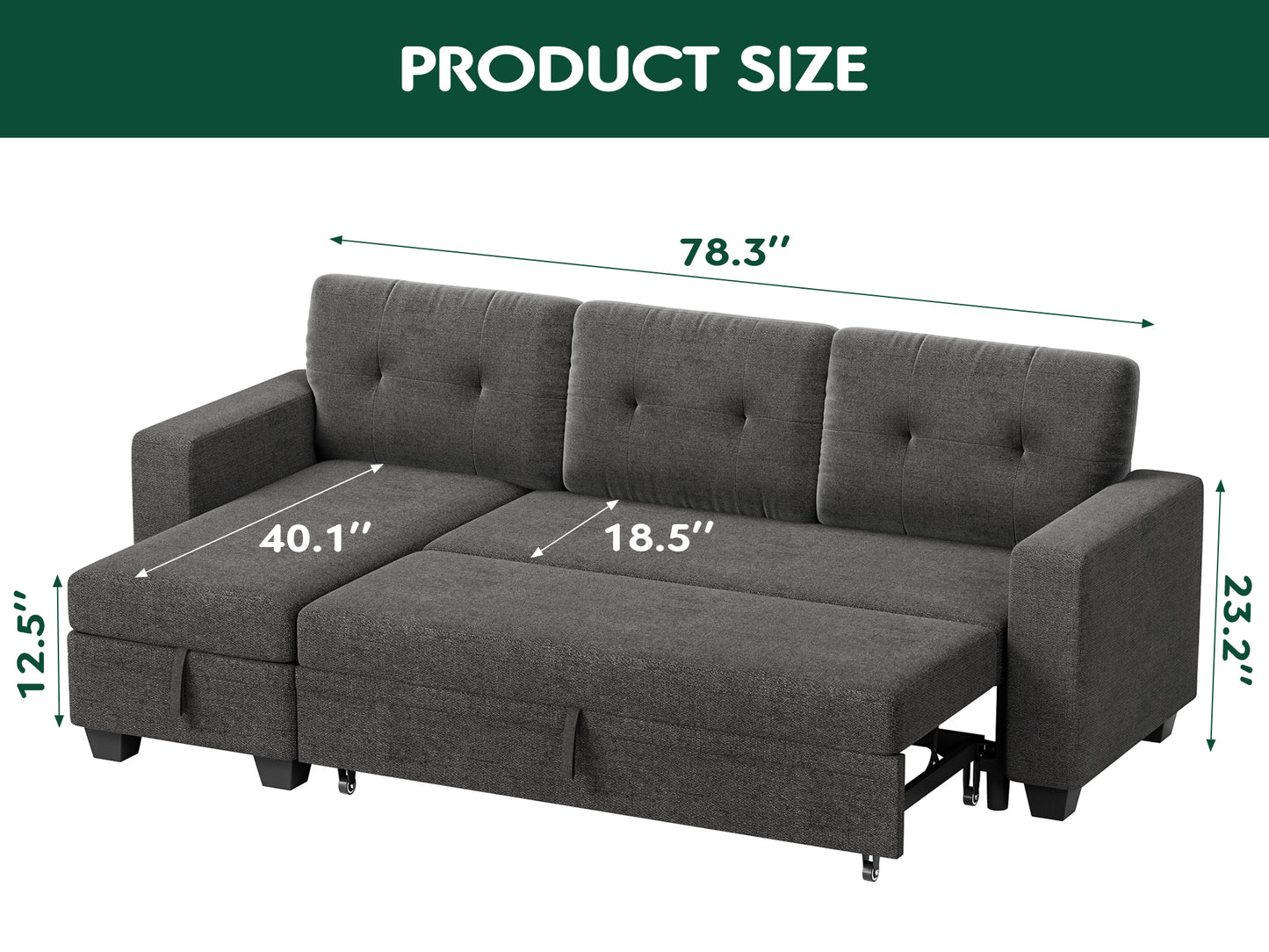Furmax Convertible L-Shape Sofa with Storage Chaise and Pull-out Sofa Bed, Fabric Sectional Couch , Gray