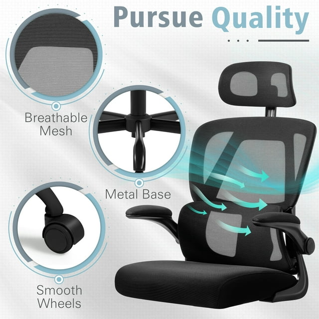 Furmax Ergonomic Office Chair Mesh Office Chair with Adjustable Headrest & Flip-Up Arms, Swivel Computer Task Chair with Lumbar Support