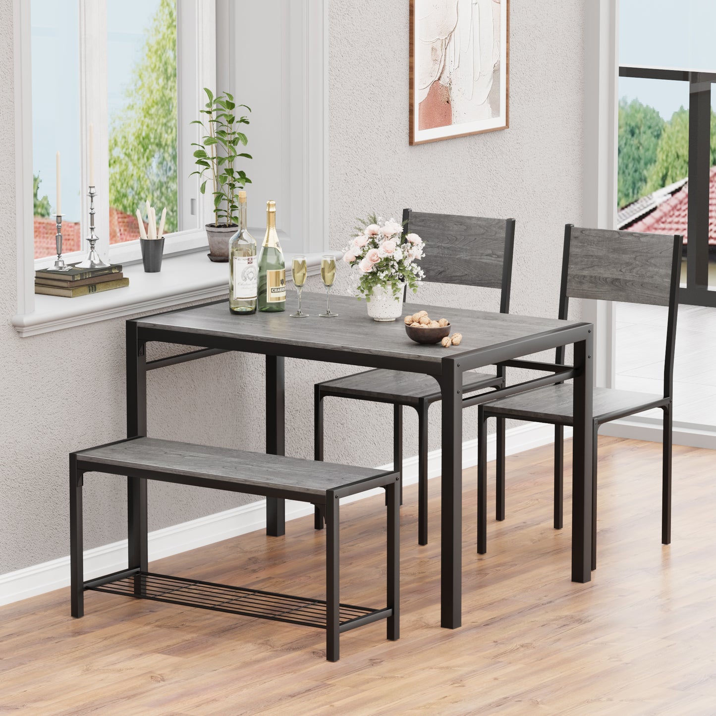 Furmax Modern Dining Table and Chair Set for 4 with Bench Indoor Outdoor Kitchen Living Room Furniture Garden Desk Set Wood Metal Waterproof Desk Chair Set