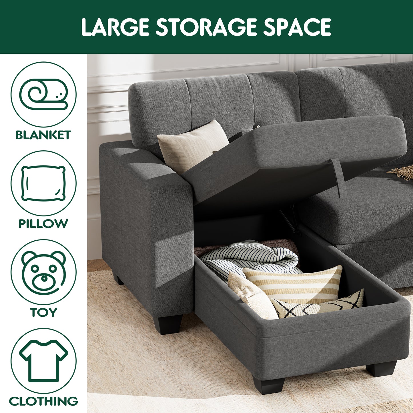 Furmax Convertible L-Shape Sofa with Storage Chaise and Pull-out Sofa Bed, Fabric Sectional Couch , Gray