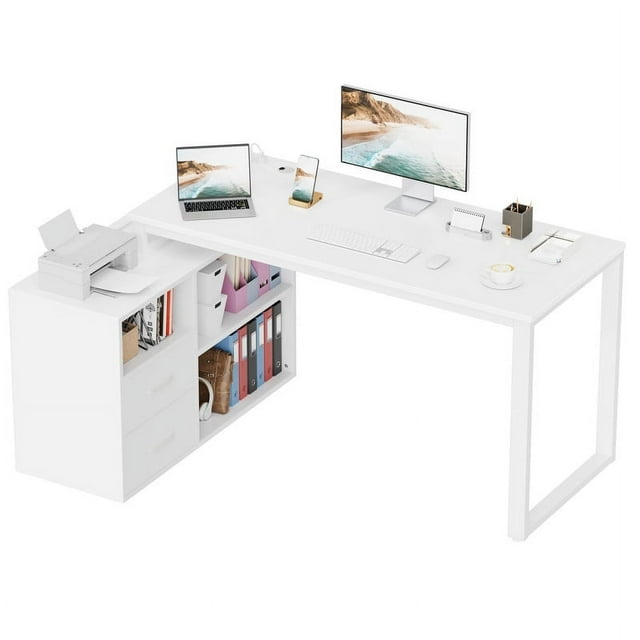 Furmax 55 Inch L-Shaped Corner Computer Desk with File Cabinet, Power Outlet, Home Office Desk with 2 Drawers and 3 Storage Shelve, Workstation Executive Desk with Storage Shelf for Home Office