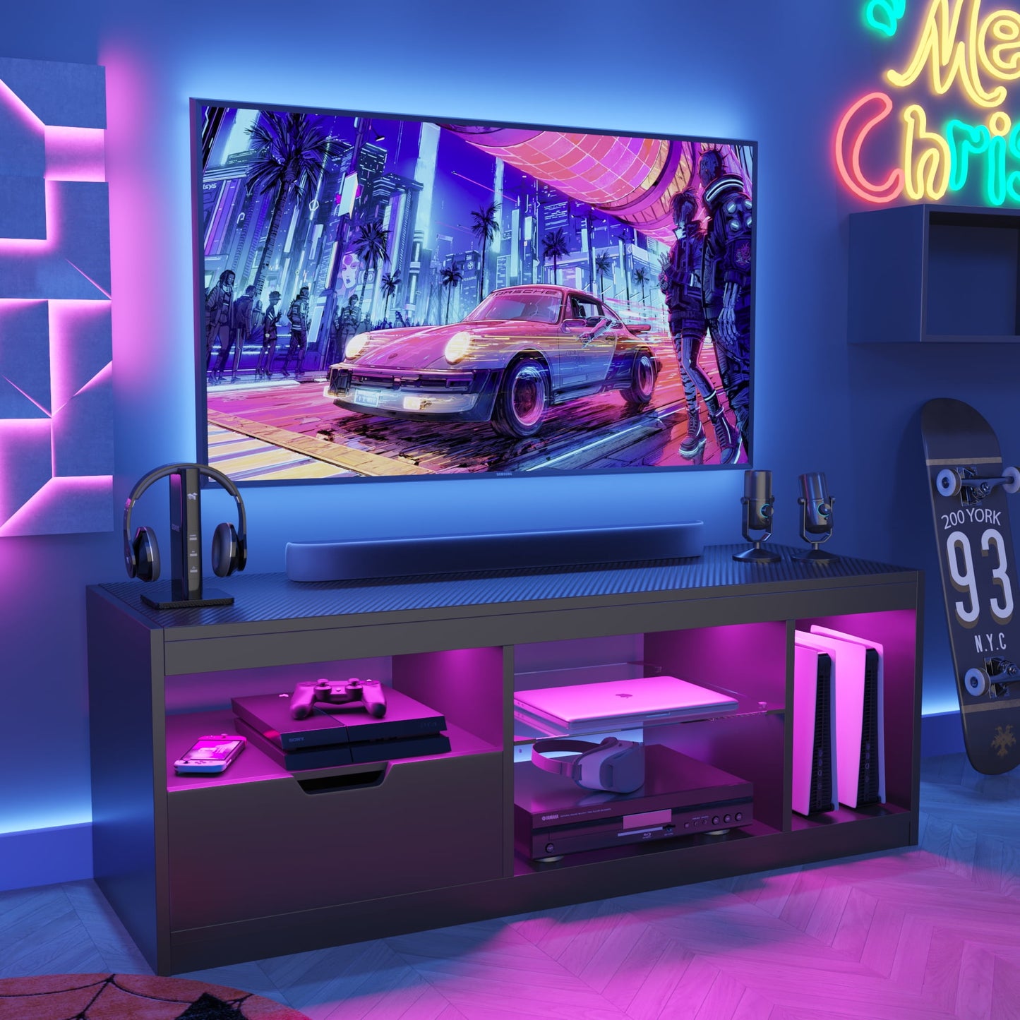 Furmax LED TV Stand for 65 inch TV, Modern TV Stand with LED Lights and High Glossy Cabinets, Game Console Entertainment Center with Storage Shelves and Media Layers for Living Room Bedroom
