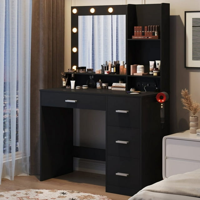 Furmax Vanity Desk with Lights and Mirror Makeup Vanity Table Set with Drawer and Power Outlet