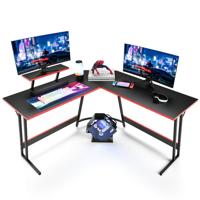Furmax L-Shaped Gaming Desk 58 Inches Corner Office Gaming Desk with Removable Monitor Riser, Pink
