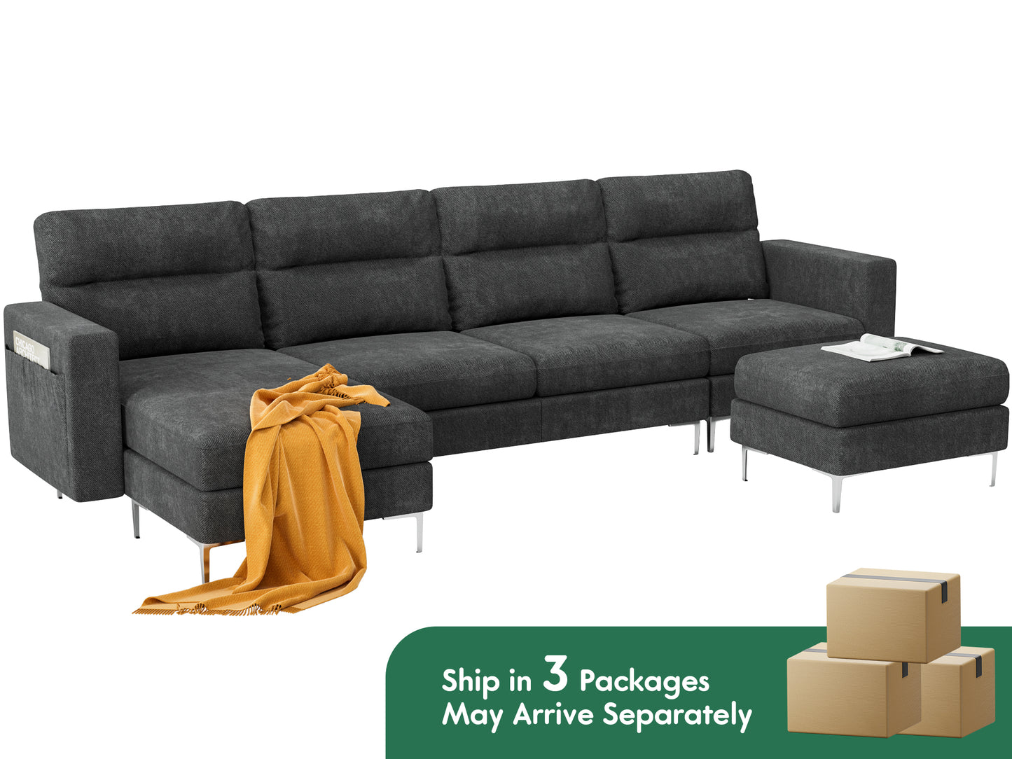 Furmax U-shape Sectional sofa with Chaise and Ottoman, Movable Modular Couch with Fabric Thick Cushion for Living Room, Dark Grey