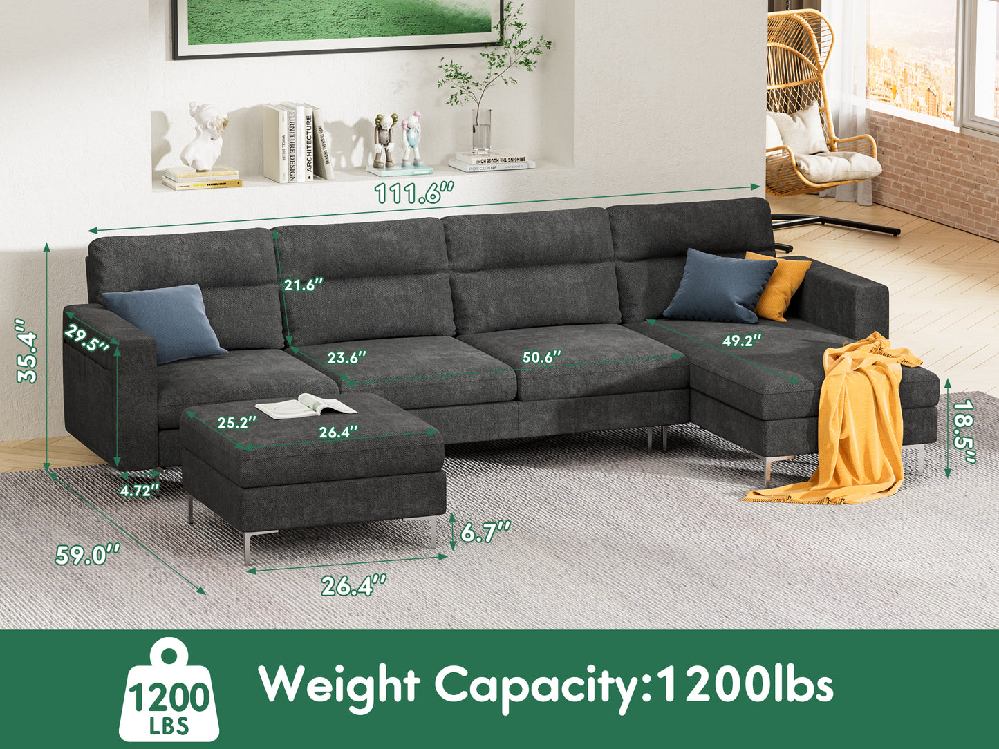 Furmax U-shape Sectional sofa with Chaise and Ottoman, Movable Modular Couch with Fabric Thick Cushion for Living Room, Dark Grey