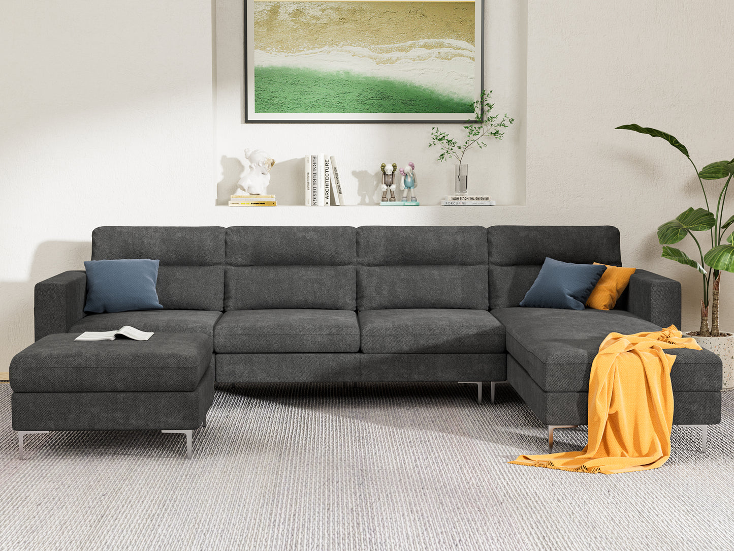 Furmax U-shape Sectional sofa with Chaise and Ottoman, Movable Modular Couch with Fabric Thick Cushion for Living Room, Dark Grey