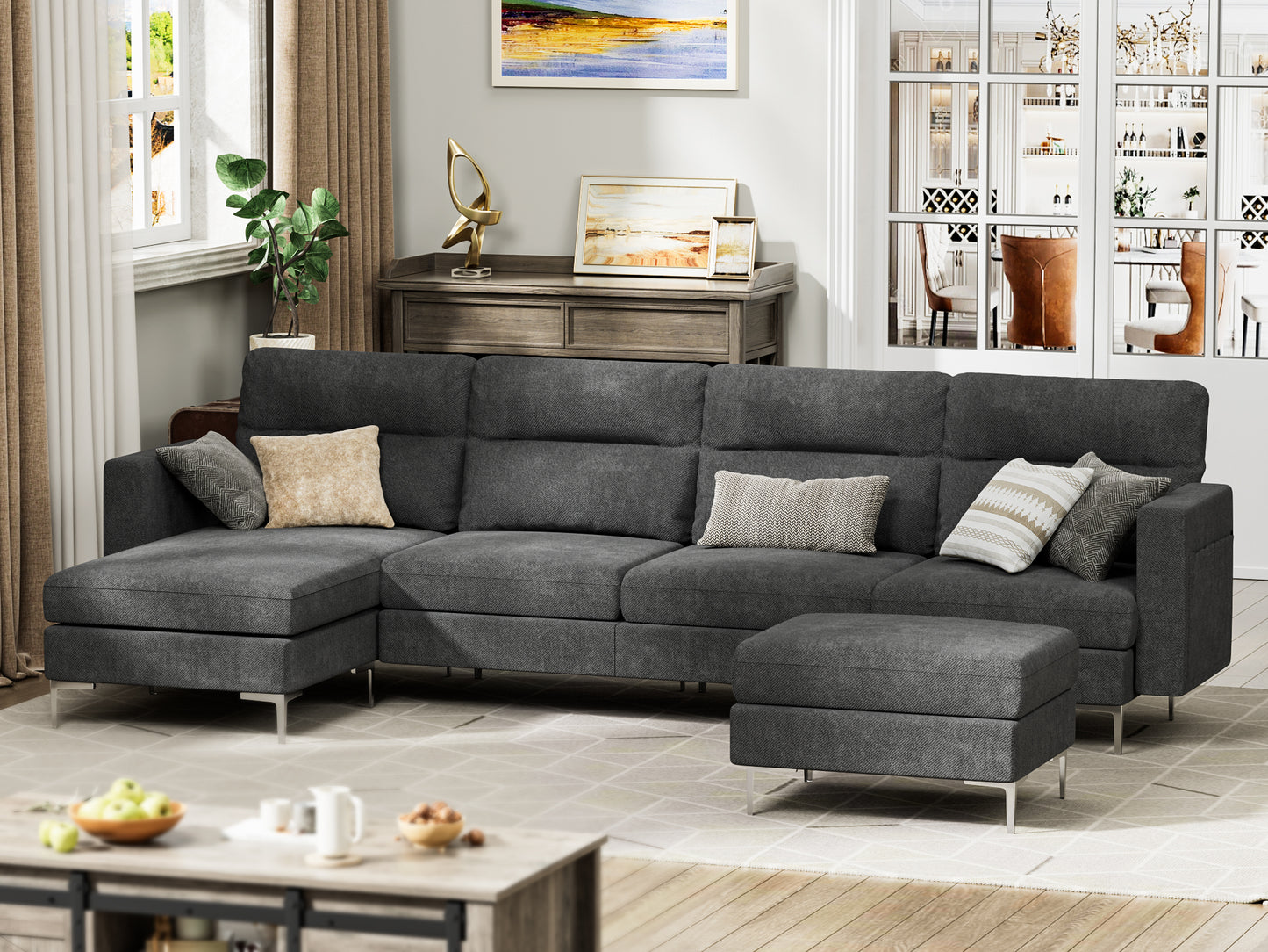 Furmax U-shape Sectional sofa with Chaise and Ottoman, Movable Modular Couch with Fabric Thick Cushion for Living Room, Dark Grey