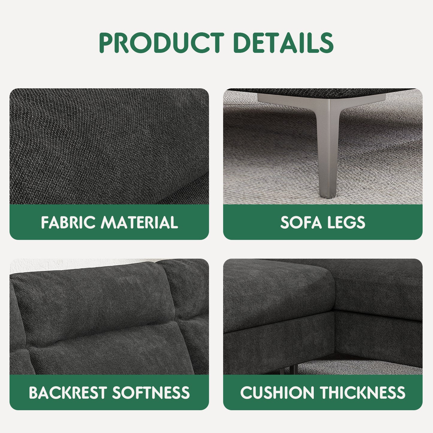 Furmax U-shape Sectional sofa with Chaise and Ottoman, Movable Modular Couch with Fabric Thick Cushion for Living Room, Dark Grey