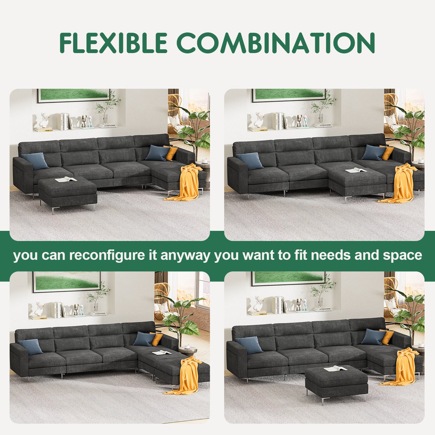 Furmax U-shape Sectional sofa with Chaise and Ottoman, Movable Modular Couch with Fabric Thick Cushion for Living Room, Dark Grey
