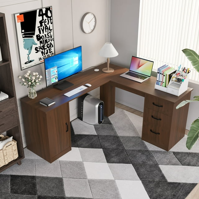 Furmax L Shaped Desk Corner Office Desk Computer Desk with Storage Cabinet & Drawers