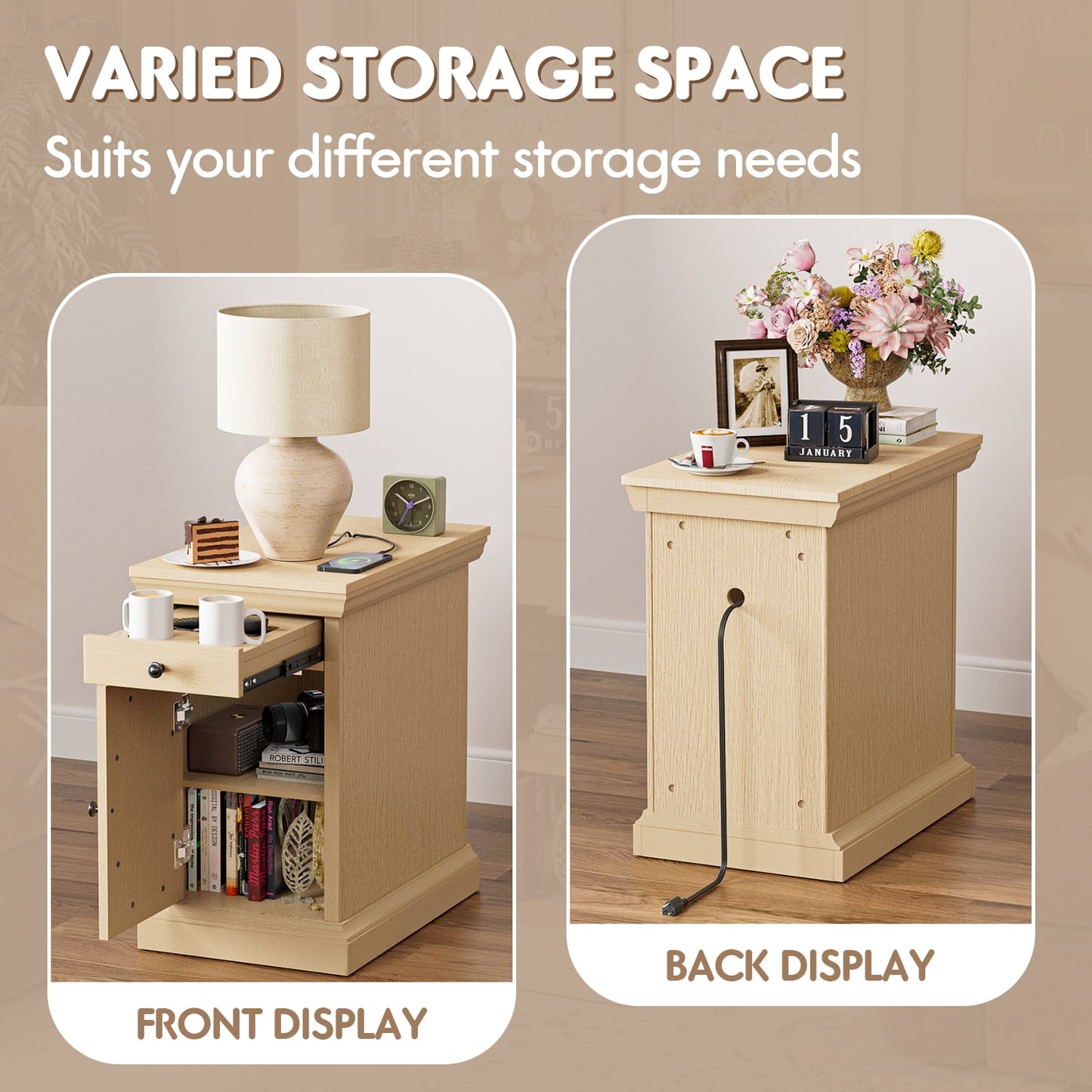 Furmax End Table,Nightstand with Charging Station, Side Table with Drawer & USB Ports & Power Outlets