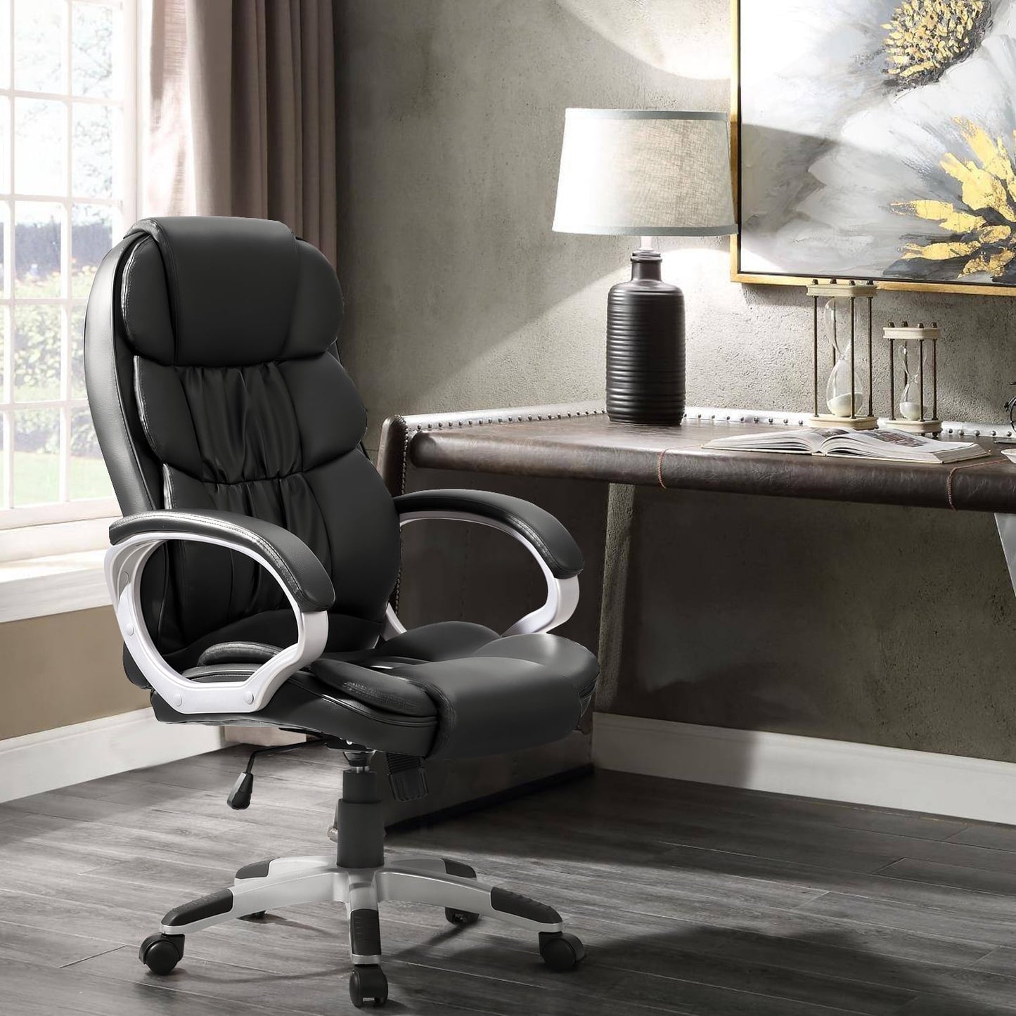 Furmax High Back Office Adjustable Ergonomic Desk Padded Armrests Executive PU Leather Swivel Task Chair with Lumbar Support