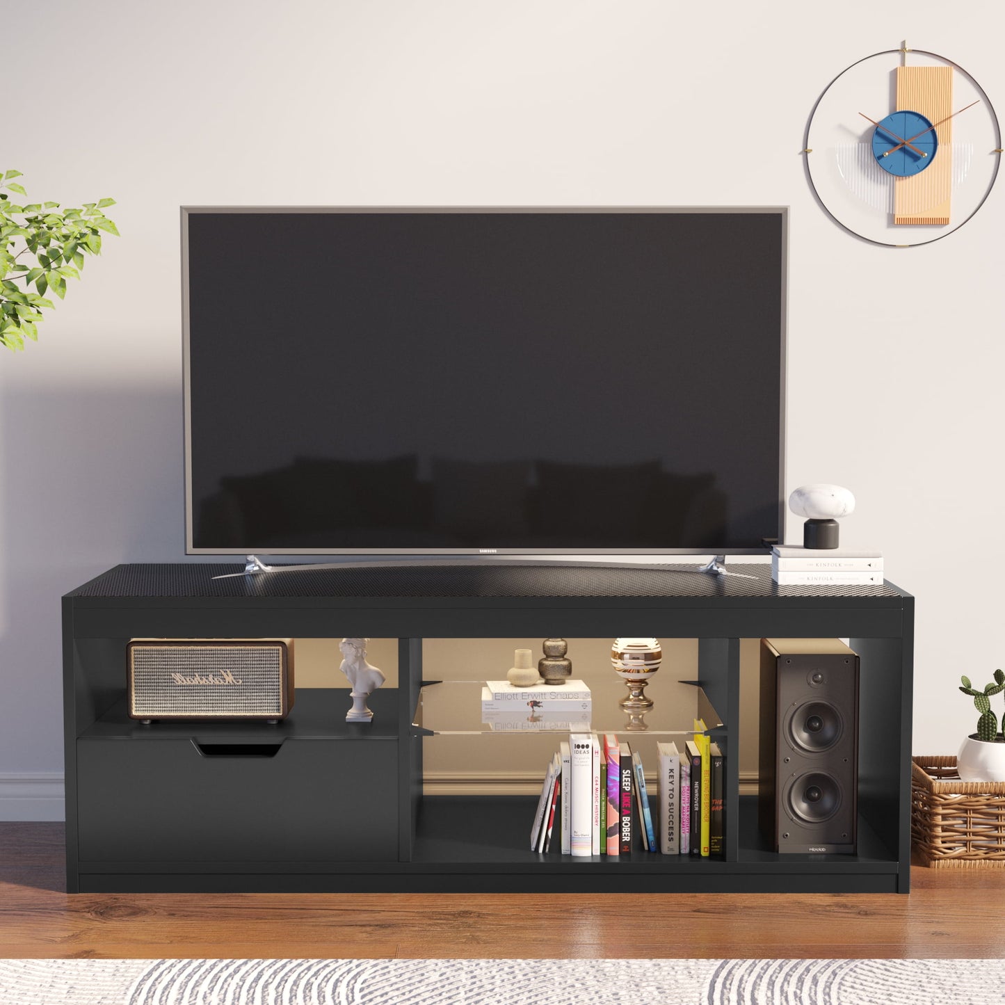 Furmax LED TV Stand for 65 inch TV, Modern TV Stand with LED Lights and High Glossy Cabinets, Game Console Entertainment Center with Storage Shelves and Media Layers for Living Room Bedroom