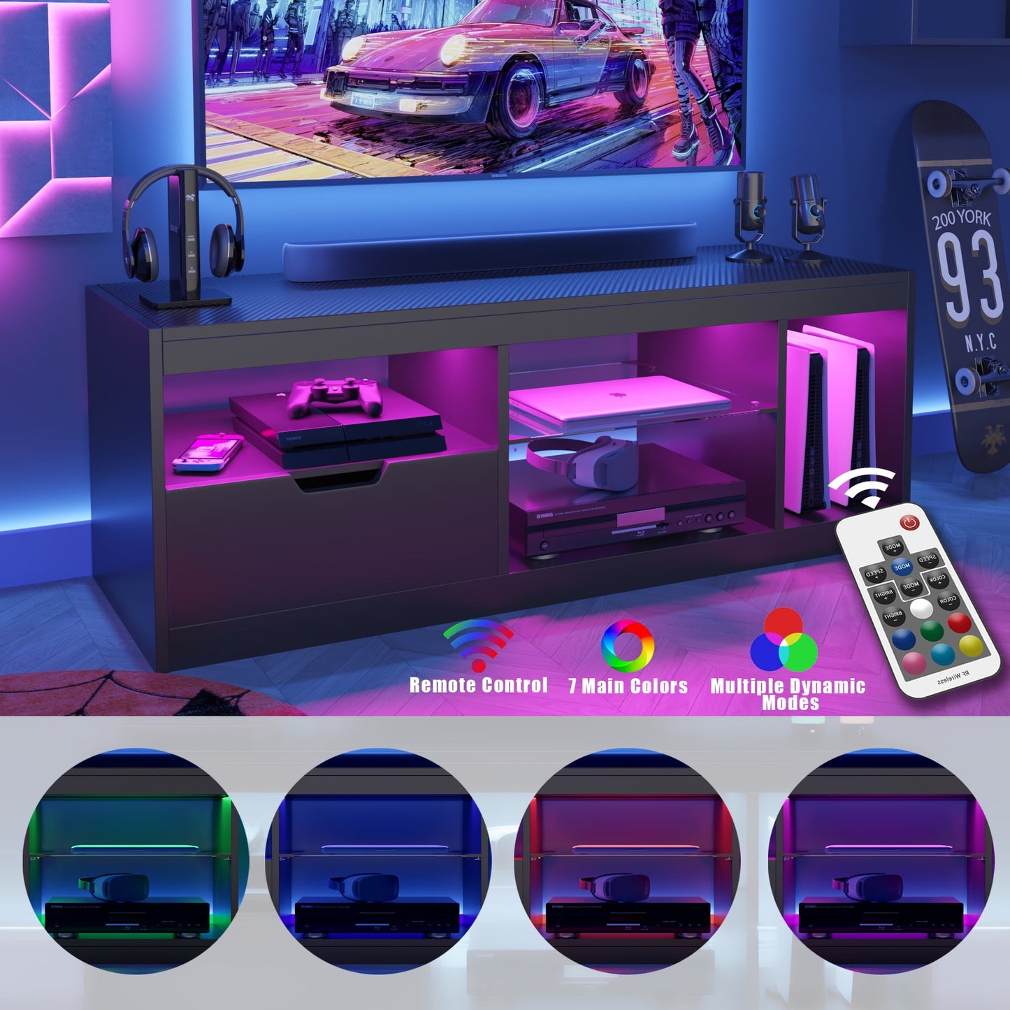 Furmax LED TV Stand for 65 inch TV, Modern TV Stand with LED Lights and High Glossy Cabinets, Game Console Entertainment Center with Storage Shelves and Media Layers for Living Room Bedroom