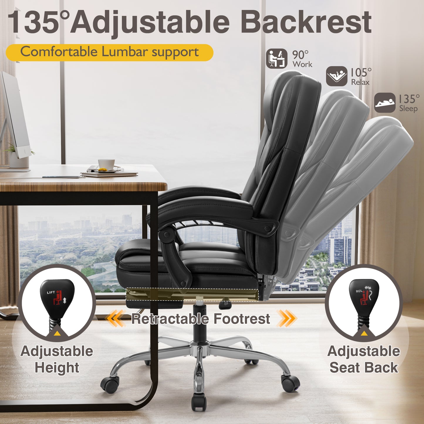Furmax Reclining Computer Chair Ergonomic Executive Office Chair Height Adjustable Leather Chair With Armsrests
