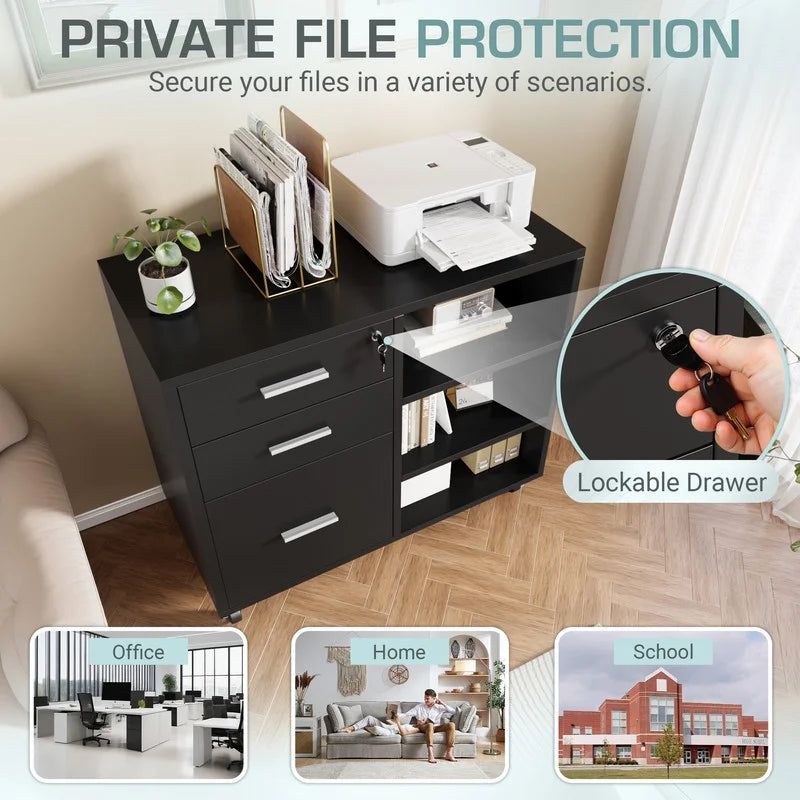 Furmax 3 Drawers File Cabinet with Lock & Wheels Vertical File Cabinet with Open Shelves for Home Office Study Room