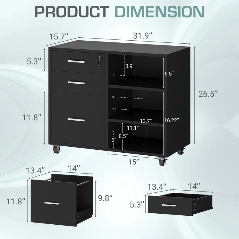 Furmax 3 Drawers File Cabinet with Lock & Wheels Vertical File Cabinet with Open Shelves for Home Office Study Room