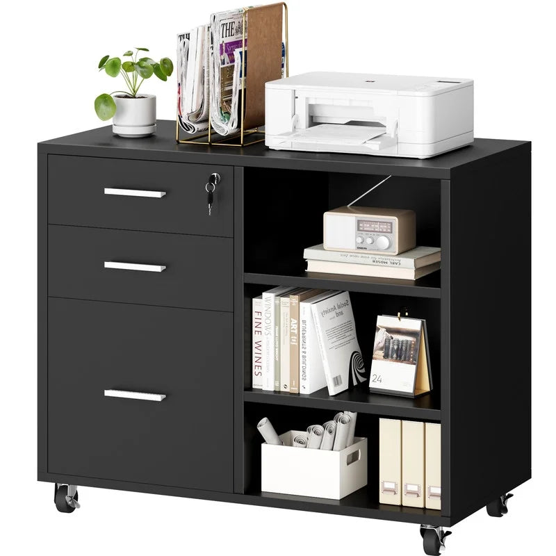 Furmax 3 Drawers File Cabinet with Lock & Wheels Vertical File Cabinet with Open Shelves for Home Office Study Room