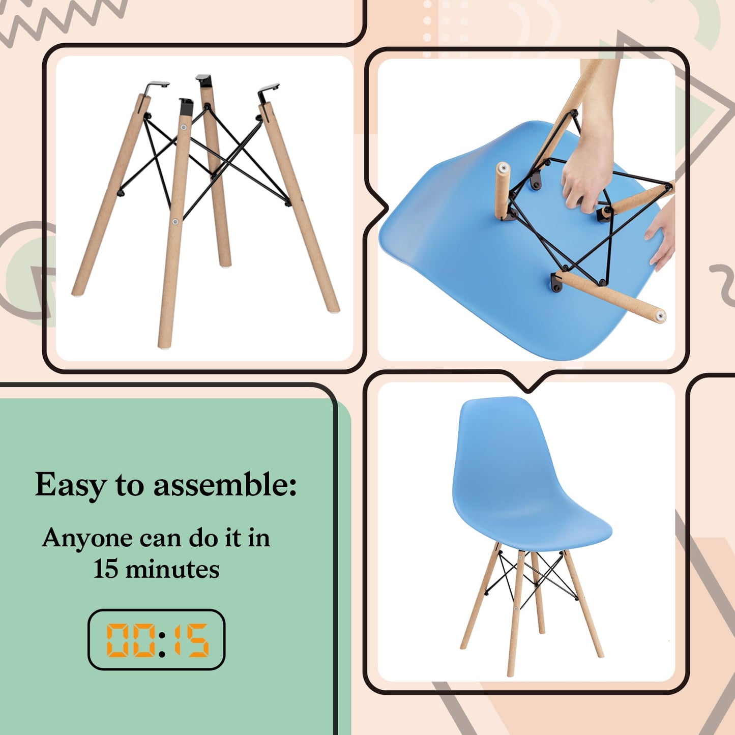 Furmax Pre Assembled Style Mid Century Modern DSW Shell Lounge Plastic Kitchen, Dining, Bedroom, Living Room Side Chairs Set of 4
