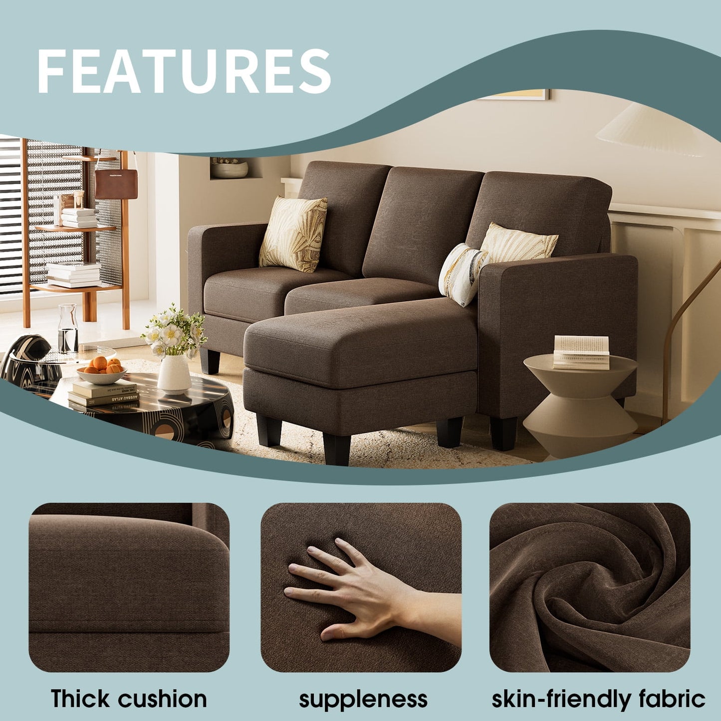 Furmax L-Shaped Sofa Convertible Sectional Sofa 3-Seater Sofa Set with Reversible Chair Linen Fabric Sofa