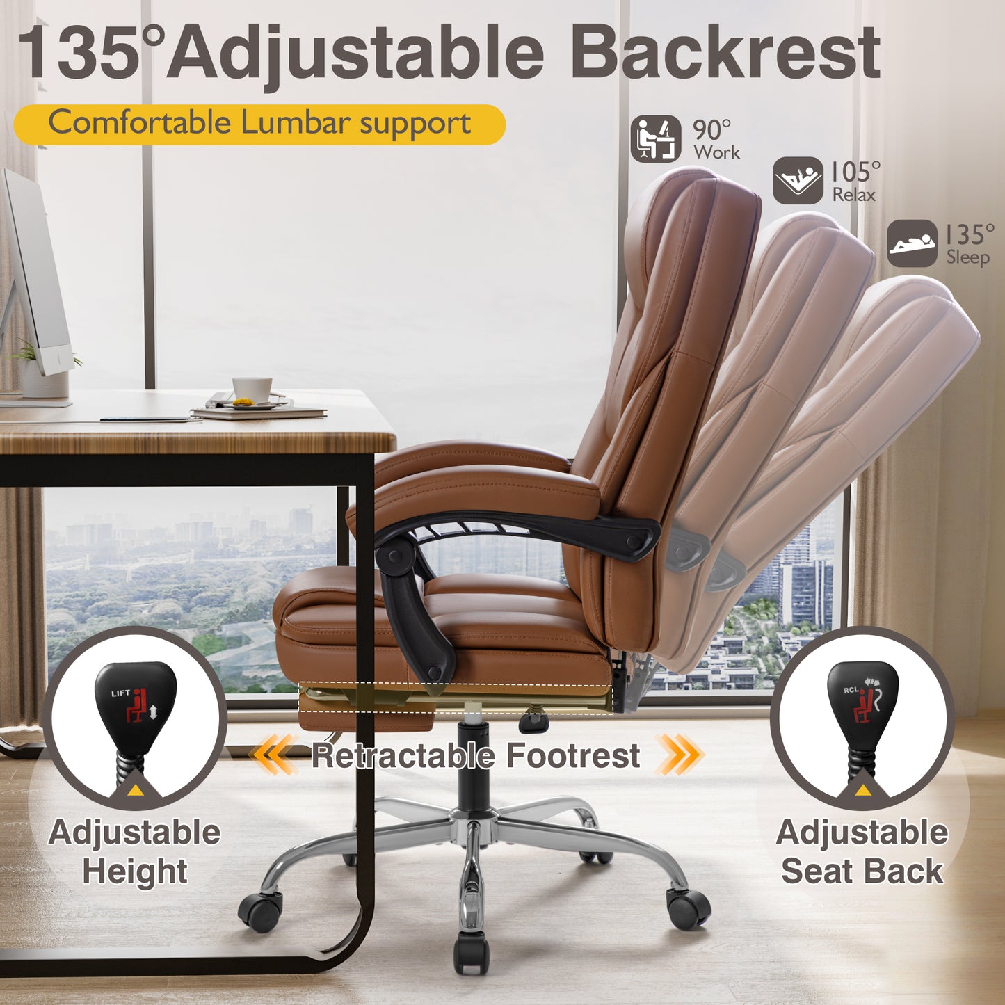 Furmax Reclining Computer Chair Ergonomic Executive Office Chair Height Adjustable Leather Chair With Armsrests